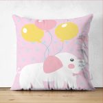 - Suet-K-4308p - Realhomes  Çift Taraflı Pembe Zeminde Fil ve Balon Motifli Çocuk Odası Süet Yastık Kırlent Kılıfı Realhomes