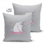 - Suet-K-4313-1 - Realhomes  Çift Taraflı Gri Zeminli Unicorn At Desenli Özel Tasarım Çocuk Odası Süet Yastık Kırlent Kılıfı Realhomes