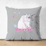 - Suet-K-4313 - Realhomes  Çift Taraflı Gri Zeminli Unicorn At Desenli Özel Tasarım Çocuk Odası Süet Yastık Kırlent Kılıfı Realhomes