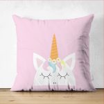 - Suet-K-4314p - Realhomes  Çift Taraflı Pembe Zeminde Unicorn Desenli Çocuk Odası Süet Yastık Kırlent Kılıfı Realhomes