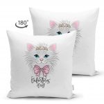 - Suet-K-4316-1 - Realhomes  Çift Taraflı Beyaz Zeminde Sevimli Kedicik Özel Tasarım Çocuk Odası Süet Yastık Kırlent Kılıfı Realhomes