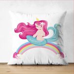 - Suet-K-4317b - Realhomes  Çift Taraflı Beyaz Zeminde Denizkızı Desenli Dijital Baskılı Çocuk Odası Süet Yastık Kırlent Kılıfı Realhomes