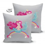 - Suet-K-4317g-1 - Realhomes  Çift Taraflı Gri Zeminde Denizkızı Desenli Dijital Baskılı Çocuk Odası Süet Yastık Kırlent Kılıfı Realhomes