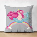 - Suet-K-4317g - Realhomes  Çift Taraflı Gri Zeminde Denizkızı Desenli Dijital Baskılı Çocuk Odası Süet Yastık Kırlent Kılıfı Realhomes