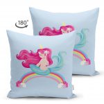 - Suet-K-4317m-1 - Realhomes  Çift Taraflı Mavi Zeminde Denizkızı Desenli Dijital Baskılı Çocuk Odası Süet Yastık Kırlent Kılıfı Realhomes