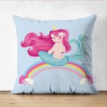 - Suet-K-4317m - Realhomes  Çift Taraflı Mavi Zeminde Denizkızı Desenli Dijital Baskılı Çocuk Odası Süet Yastık Kırlent Kılıfı Realhomes