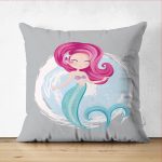 - Suet-K-4318g - Realhomes  Çift Taraflı Gri Zeminde Denizkızı Desenli Dijital Baskılı Çocuk Odası Süet Yastık Kırlent Kılıfı Realhomes