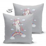 - Suet-K-4319g-1 - Realhomes  Çift Taraflı Gri Zeminde Unicorn At Desenli Çocuk Odası Süet Yastık Kırlent Kılıfı Realhomes