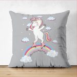 - Suet-K-4319g - Realhomes  Çift Taraflı Gri Zeminde Unicorn At Desenli Çocuk Odası Süet Yastık Kırlent Kılıfı Realhomes