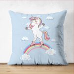 - Suet-K-4319m - Realhomes  Çift Taraflı Mavi Zeminde Unicorn At Desenli Çocuk Odası Süet Yastık Kırlent Kılıfı Realhomes