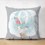 - Suet-K-4320g - Realhomes Çift Taraflı Gri Zeminde Uçan Balon Desenli Dijital Baskılı Çocuk Odası Süet Yastık Kırlent Kılıfı Realhomes