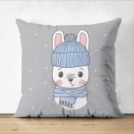 Çift Taraflı Gri Zeminde Sevimli Tavşan Motifli Çocuk Odası Süet Yastık Kırlent Kılıfı Realhomes