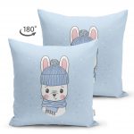 - Suet-K-4323m-1 - Realhomes  Çift Taraflı Mavi Zeminde Sevimli Tavşan Motifli Çocuk Odası Süet Yastık Kırlent Kılıfı Realhomes