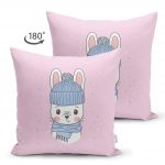 - Suet-K-4323p-1 - Realhomes Çift Taraflı Pembe Zeminde Sevimli Tavşan Motifli Çocuk Odası Süet Yastık Kırlent Kılıfı Realhomes
