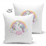 Çift Taraflı Beyaz Zeminde Unicorn At ve Yıldızlar Çocuk Odası Süet Yastık Kırlent Kılıfı Realhomes