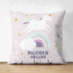- Suet-K-4327 - Realhomes  Çift Taraflı Unicorn Özerl Tasarımlı At Motifli Çocuk Odası Süet Yastık Kırlent Kılıfı Realhomes