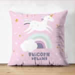 - Suet-K-4327p - Realhomes Çift Taraflı Unicorn Özel Tasarımlı At Motifli Çocuk Odası Süet Yastık Kırlent Kılıfı Realhomes
