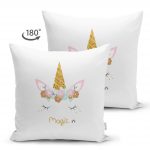 - Suet-K-4328-1 - Realhomes  Çift Taraflı Beyaz Zeminde Magic Unicorn Tasarımlı Çocuk Odası Süet Yastık Kırlent Kılıfı Realhomes