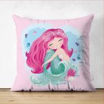 - Suet-K-4331p - Realhomes Çift Taraflı Pembe Zeminde Denizkızı Tasarımlı Dijital Baskılı Çocuk Odası Süet Yastık Kılıfı Realhomes