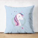 - Suet-K-4332m - Realhomes Çift Taraflı Mavi Zeminli Magic Unicorn Tasarımlı Çocuk Odası Süet Yastık Kırlent Kılıfı Realhomes