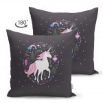 - Suet-K-4334-1 - Realhomes Çift Taraflı Siyah Zeminde Unicorn Sevimli At Çocuk Odası Süet Yastık Kırlent Kılıfı Realhomes