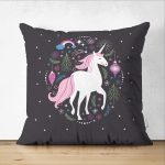 - Suet-K-4334 - Realhomes Çift Taraflı Siyah Zeminde Unicorn Sevimli At Çocuk Odası Süet Yastık Kırlent Kılıfı Realhomes