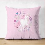 Çift Taraflı Pembe Zeminde Unicorn Sevimli At Çocuk Odası Süet Yastık Kırlent Kılıfı Realhomes