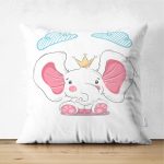 - Suet-K-4336 - Realhomes  Çift Taraflı Pembe Sevimli Fil Tasarımlı Çocuk Odası Süet Yastık Kırlent Kılıfı Realhomes