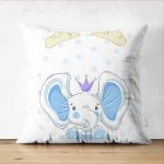 - Suet-K-4336m - Realhomes  Çift Taraflı Mavi Sevimli Fil Tasarımlı Çocuk Odası Süet Yastık Kırlent Kılıfı Realhomes