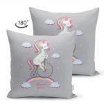 - Suet-K-4339-1 - Realhomes Çift Taraflı Gri Zeminde Bisiklet ve Unicorn Tasarımlı Çocuk Odası Süet Yastık Kırlent Kılıfı Realhomes