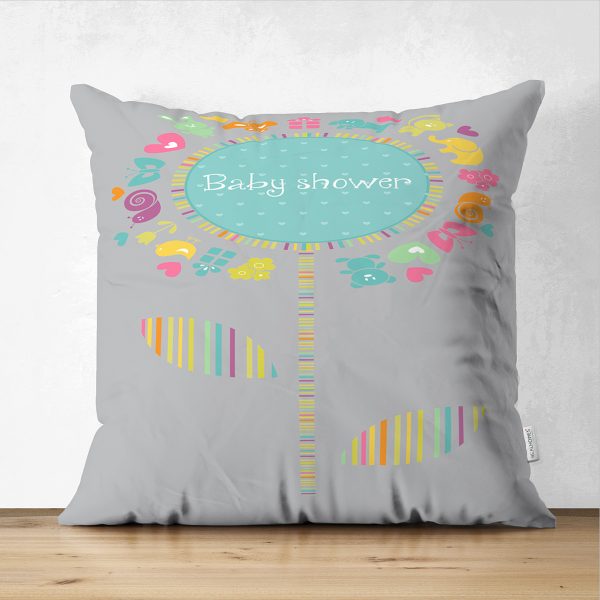 - Suet-K-4344 - Realhomes  Çift Taraflı Gri Zeminde Baby Shower Tasarımlı Çocuk Odası Süet Yastık Kırlent Kılıfı Realhomes