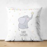 - Suet-K-4345 - Realhomes Çift Taraflı Sevimli Fil Baby Shower Tasarımlı Çocuk Odası Süet Yastık Kırlent Kılıfı Realhomes