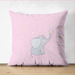 - Suet-K-4345p - Realhomes  Çift Taraflı Sevimli Fil Baby Shower Tasarımlı Çocuk Odası Süet Yastık Kırlent Kılıfı Realhomes