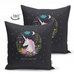 - Suet-K-4348-1 - Realhomes Çift Taraflı Siyah Zeminde Unicorn At Desenli Çocuk Odası Süet Yastık Kırlent Kılıfı Realhomes