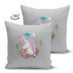 - Suet-K-4348g-1 - Realhomes Çift Taraflı Gri Zeminde Unicorn At Desenli Çocuk Odası Süet Yastık Kırlent Kılıfı Realhomes