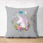 - Suet-K-4348g - Realhomes Çift Taraflı Gri Zeminde Unicorn At Desenli Çocuk Odası Süet Yastık Kırlent Kılıfı Realhomes