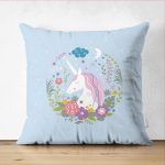 - Suet-K-4348m - Realhomes Çift Taraflı Mavi Zeminde Unicorn At Desenli Çocuk Odası Süet Yastık Kırlent Kılıfı Realhomes