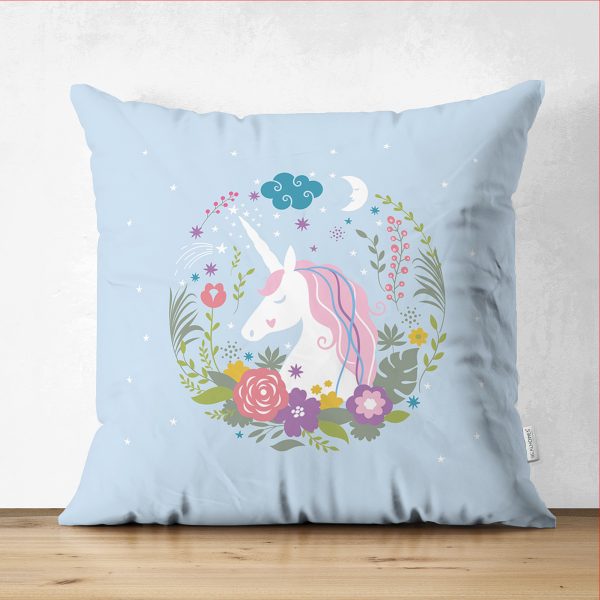 Çift Taraflı Gri Beyaz Çizgili Unicorn Atlar Çocuk Odası Süet Yastık Kırlent Kılıfı Realhomes