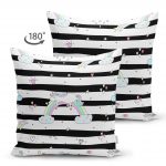 - Suet-K-4351-1 - Realhomes Çift Taraflı Siyah Beyaz Çizgili Unicorn Atlar Çocuk Odası Süet Yastık Kırlent Kılıfı Realhomes