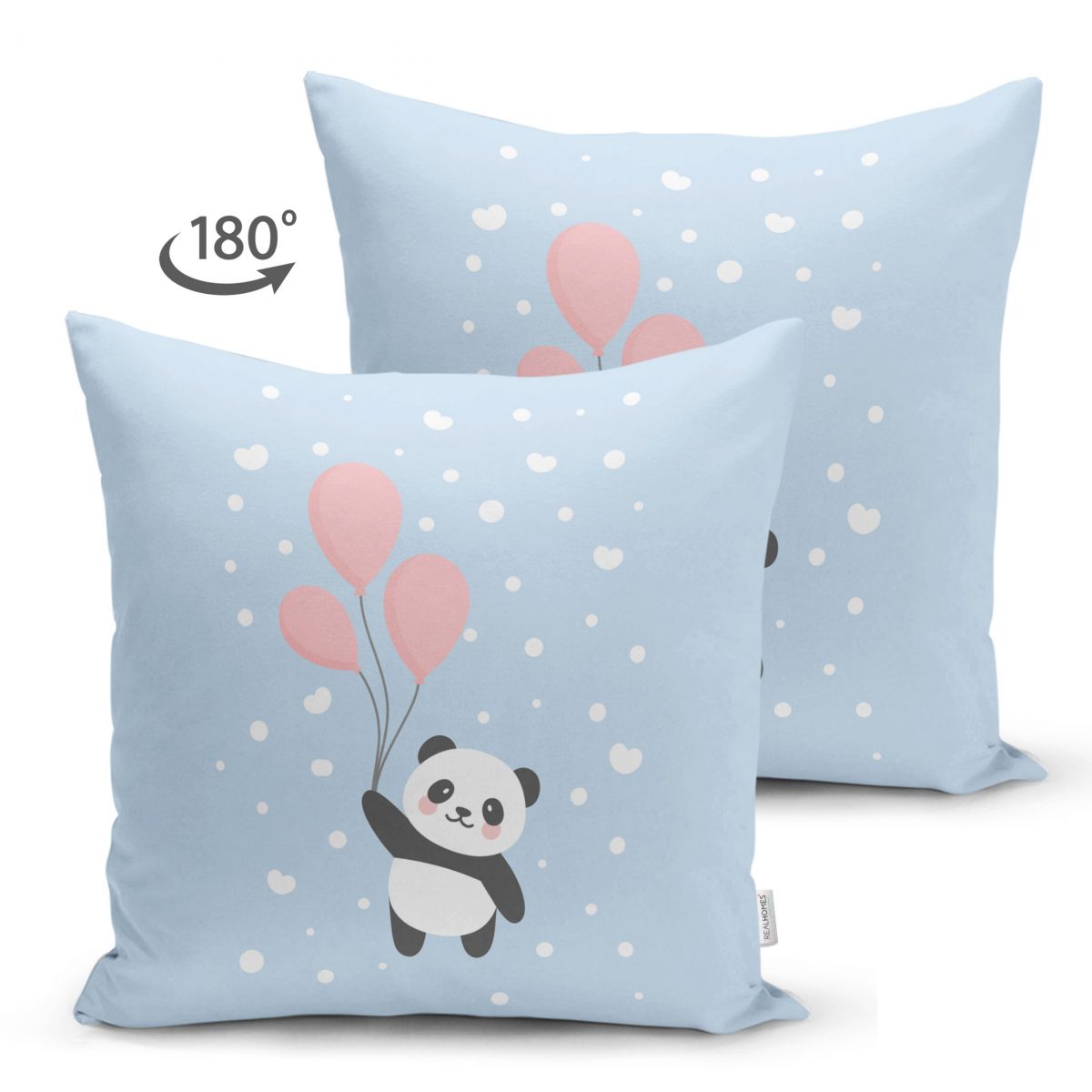 Çift Taraflı Uçan Balonlar ve Sevimli Panda Desenli Çocuk Odası Süet Yastık Kırlent Kılıfı Realhomes