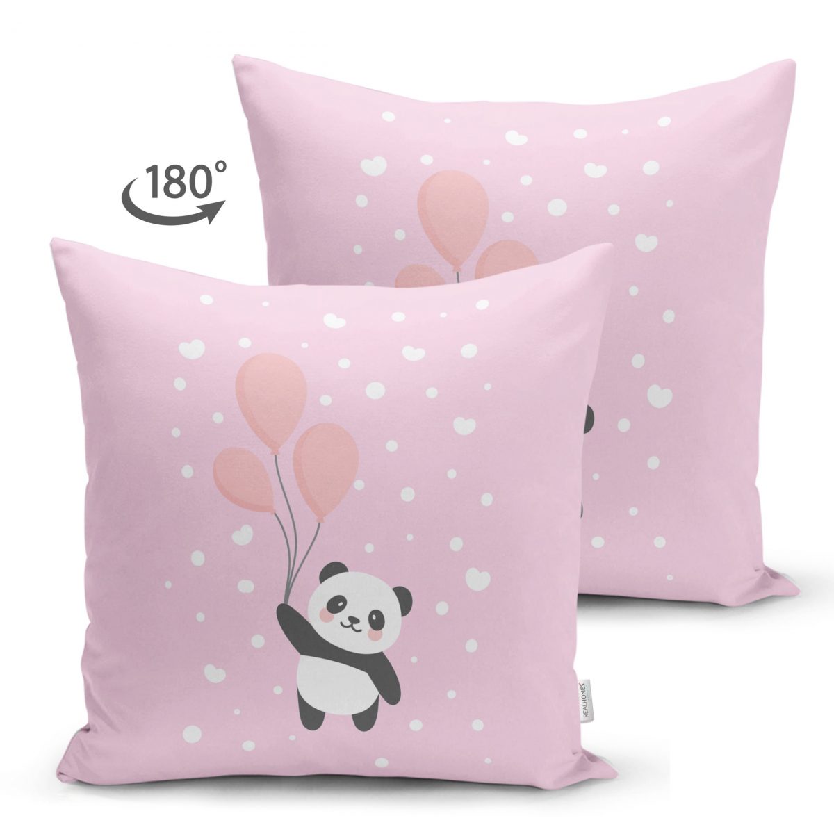Çift Taraflı Uçan Balonlar ve Sevimli Panda Desenli Çocuk Odası Süet Yastık Kırlent Kılıfı Realhomes