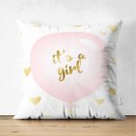 - Suet-K-4362 - Realhomes Çift Taraflı Pembe Balon ve Altın Kalpler Özel Tasarımlı Çocuk Odası Süet Yastık Kırlent Kılıfı Realhomes