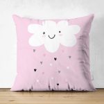 - Suet-K-4366p - Realhomes  Çift Taraflı Pembe Zeminde Yalnız Bulut Çocuk Odası Süet Yastık Kırlent Kılıfı Realhomes