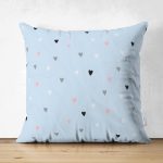 - Suet-K-4367m - Realhomes Çift Taraflı Mavi Zeminde Renkli Kalpler Çocuk Odası Süet Yastık Kırlent Kılıfı Realhomes