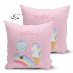 Çift Taraflı Pembe Zeminde Unicorn Tasarımlı Çocuk Odası Süet Yastık Kırlent Kılıfı Realhomes