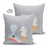 Çift Taraflı Gri Zeminde Unicorn Tasarımlı Çocuk Odası Süet Yastık Kırlent Kılıfı Realhomes