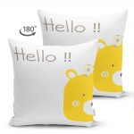 - Suet-K-4372-1 - Realhomes Çift Taraflı Sarı Ayıcık Hello Motifli Çocuk Odası Süet Yastık Kırlent Kılıfı Realhomes