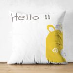 - Suet-K-4372 - Realhomes Çift Taraflı Sarı Ayıcık Hello Motifli Çocuk Odası Süet Yastık Kırlent Kılıfı Realhomes