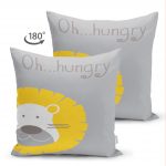 - Suet-K-4381g-1 - Realhomes Çift Taraflı Gri Zeminde Hungry Aslan Motifli Dijital Baskılı Bebek Odası Süet Kırlent Kılıfı Realhomes