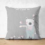 - Suet-K-4391g - Realhomes Çift Taraflı Gri Zeminde Ayıcık Bebek Odası Süet Yastık Kırlent Kılıfı Realhomes